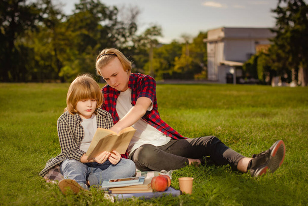 İki genç çocuk parkta çimlerin üzerinde oturarak ders çalışıyor. Kardeşler birlikte kitap okuyor. Büyük kardeş küçük kardeşe ev ödevi yaparken yardım eder. - Fotoğraf, Görsel