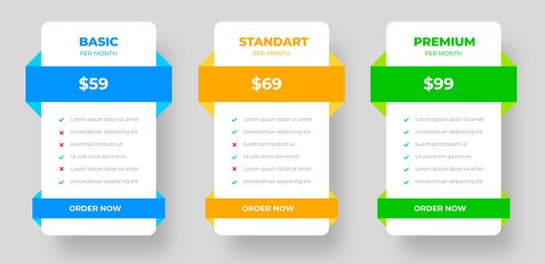 Ui UX pricing design tables with tariffs, subscription features checklist and business plans. pricing plans table and pricing chart Price list for web or app. Product Comparison business web plans. - Vektor, obrázek