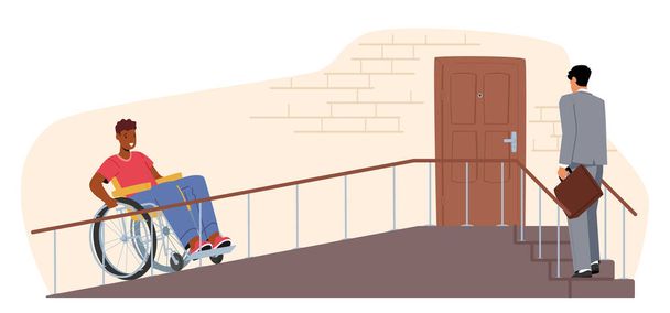 Männliche Figur im Rollstuhl, die eine Rampe benutzt, um auf die Veranda des Gebäudes zu gelangen. Barrierefreiheit und Inklusivitätskonzept für Behindertenrechte, soziale Gerechtigkeit oder Anwaltskampagnen. Zeichentrickvektorillustration - Vektor, Bild