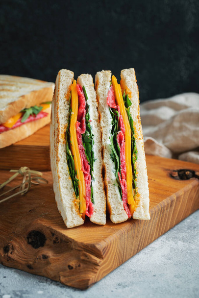 Two homemade sandwiches with sausage, cheese and arugula on a light concrete background. The concept of a quick meal or snack at work or school. - Photo, Image