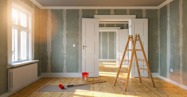 塗装バケツとフラット化されたドライウォール付きの移転のためのエレガントなアパートの改装室内 - 写真・画像