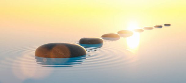 Steinreihe in ruhigem Wasser im weiten Ozean, Meditation, Zen und Feng Shui Konzeptbild - Foto, Bild