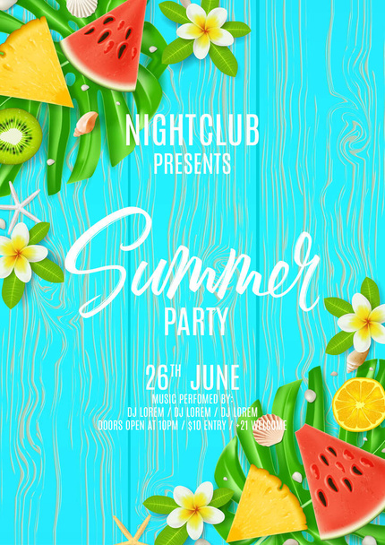 Poster invitation for summer party. Top view on Summer composition with tropical fruit and plumeria flowers on wooden texture. Vector illustration. Invite to nightclub. - Vector, Imagen