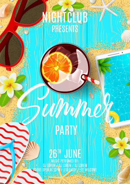 Summer party flyer invitation. Top view on summer decoration with fresh cocktail, flip flops and red sun glasses on wooden texture. Vector illustration. Invite to nightclub. - ベクター画像