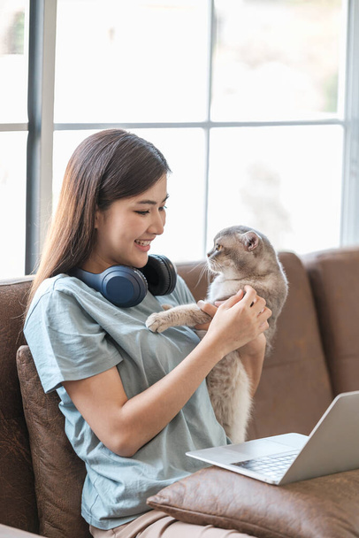 Smart asian Woman with computer online learning at home. High quality photo - 写真・画像
