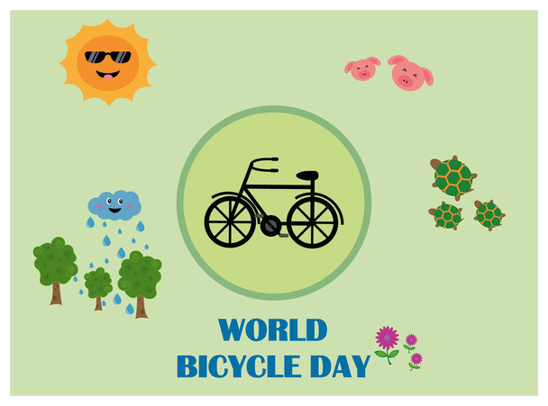 Světový cyklistický den s kolem v zeleném kruhu, sluncem, zvířaty a lesem - Vektor, obrázek