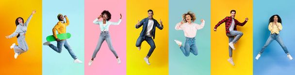 Cheerful People. Set Of Happy Multiethnic Males And Females Jumping On Colorful Backgrounds, Diverse Young Joyful Men And Women Having Fun And Expressing Positive Emotions, Collage, Panorama - Photo, Image