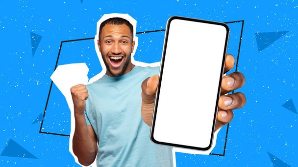 Emotional wealthy young black guy in casual showing smartphone with white empty screen and cash over colorful background, trading online on stocks and markets, bet on Internet, mockup, collage - Фото, изображение