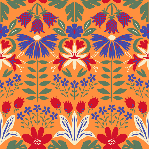 Colorful retro pattern with bright flowers. Floral seamless vector background, vintage spring summer print with tulips, daisies, bells, leaves, garden flowers - Vecteur, image