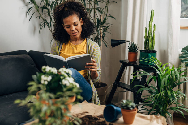 Eine Frau mit gemischter Rasse liest zu Hause ein Buch - Foto, Bild
