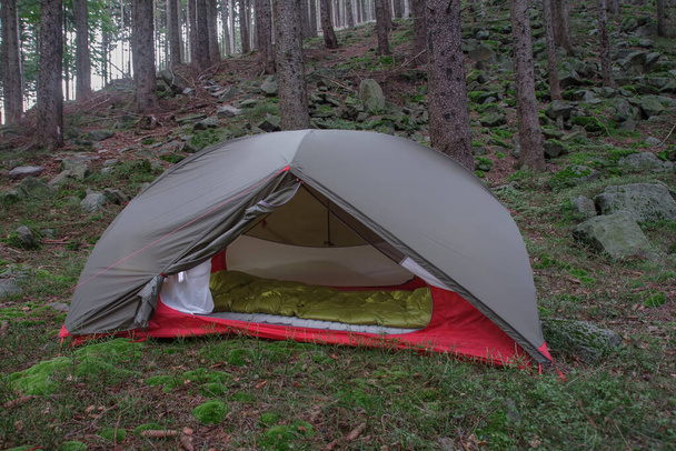 Slaappad en slaapzak in open groene 2-muur tent in de ochtend op bos in Beskid Mountains - Foto, afbeelding
