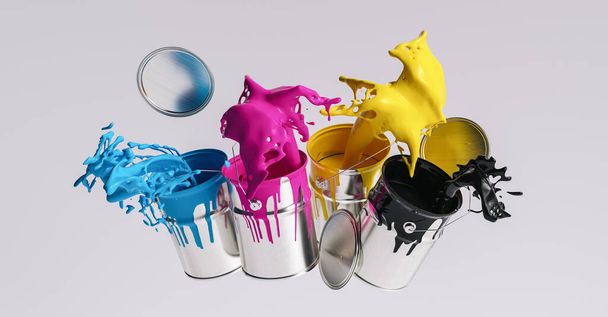 Four paint cans splashing CMYK colors, printing concept image - Фото, изображение