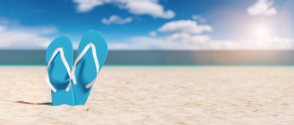 Dos sandalias flip-flop azules en una playa tropical en vacaciones de verano, viaje Concept image - Foto, imagen