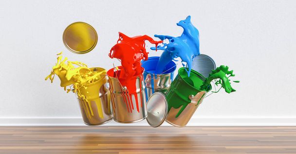 Quattro lattine di vernice spruzzi di colori diversi in un appartamento, immagine concetto di ristrutturazione - Foto, immagini