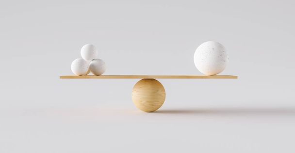 1つの大きなボールと4つの小さなボールのバランスをとる木製のスケール。調和と均衡の概念 - 写真・画像