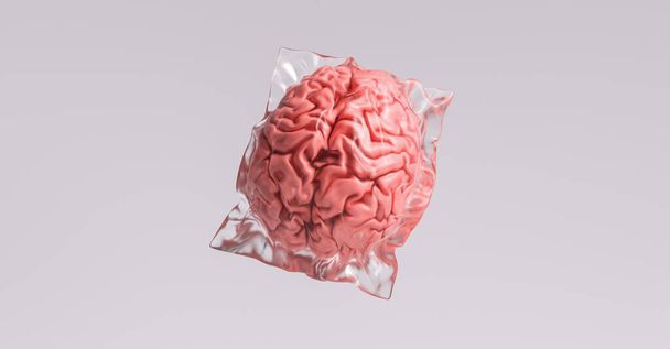 人間の脳は、プラスチック廃棄物や医療の概念イメージとして縮小ラップに包まれて - 写真・画像