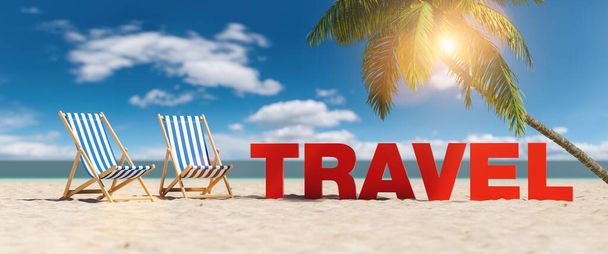 Ταξιδιωτική ιδέα με σλόγκαν στην παραλία με ξαπλώστρες, φοίνικα και γαλάζιο ουρανό - Φωτογραφία, εικόνα