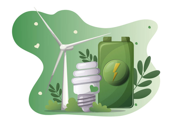 koncepció megújuló, zöld energia bolygó. szélmalom, akkumulátor, energiatakarékos lámpa. vektor oktatási sík - Vektor, kép