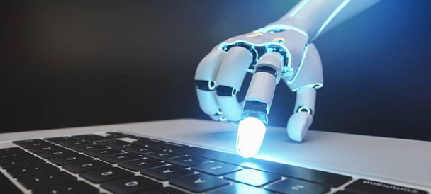 Robot cyborg ręka naciskając klawiaturę na laptopie  - Zdjęcie, obraz