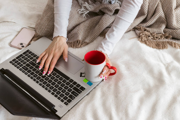 Ένα όμορφο κορίτσι κάθεται σε ένα κρεβάτι τυλιγμένο σε μια κουβέρτα με ένα ζεστό ποτό σε μια κούπα και εργάζεται σε ένα φορητό υπολογιστή. - Φωτογραφία, εικόνα