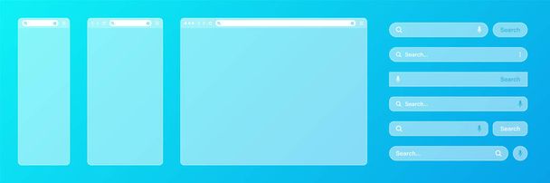 Blank transparent internet browser window with various search bar templates. Web site engine with search box, address bar and text field. UI design, website interface elements. Vector illustration. - ベクター画像