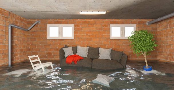 Dannoso acqua dopo l'allagamento nel seminterrato con divano galleggiante e mobili - Foto, immagini