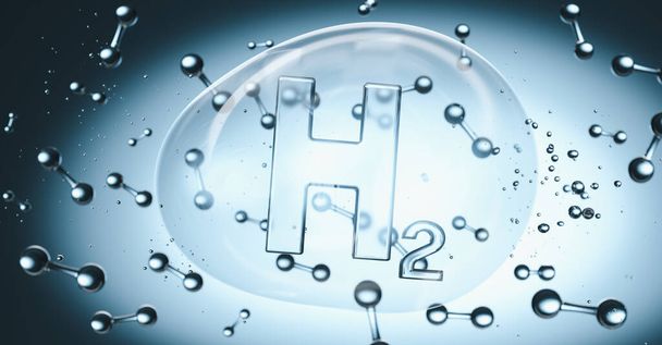 H2 Hydrogen Symbol in a bubble in liquid with molecules - Photo, Image