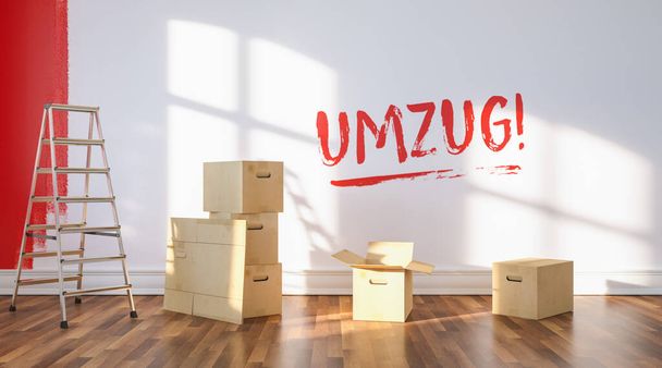 Umzug (německy pro: Přestěhování do nového bytu) napsaný na stěně s červenou čerstvou barvou, Malba stěna červená v místnosti bytu k relokaci, s žebříkem a stěhování boxy - Fotografie, Obrázek