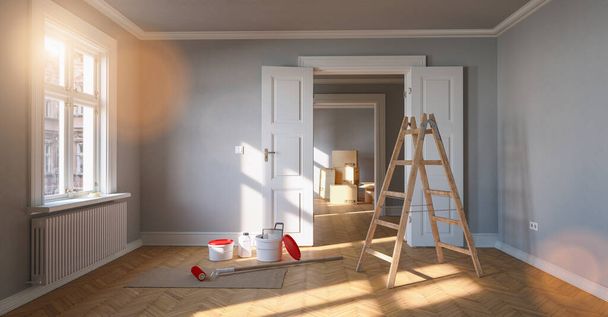 Remont i modernizacja w pomieszczeniu z drabiną i wiadrem lakierniczym - Zdjęcie, obraz