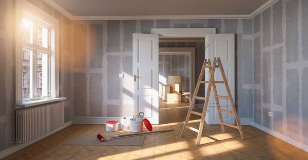 Pokój w remoncie w eleganckim apartamencie do przeniesienia z wiadrem farby i ścianą gipsowo-kartonową - Zdjęcie, obraz