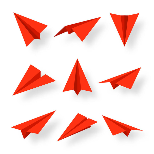 Gerçekçi kırmızı kağıt uçak koleksiyonu. El yapımı origami uçak düz stil. Bir çocuk için kağıt oyuncak. İş konsepti, proje açılışı ve hedef başarısı. Vektör illüstrasyonu. - Vektör, Görsel