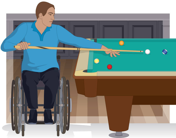 para esportes paralímpicos snooker ou bilhar macho em cadeira de rodas visando bola com cue stick com fundo - Vetor, Imagem