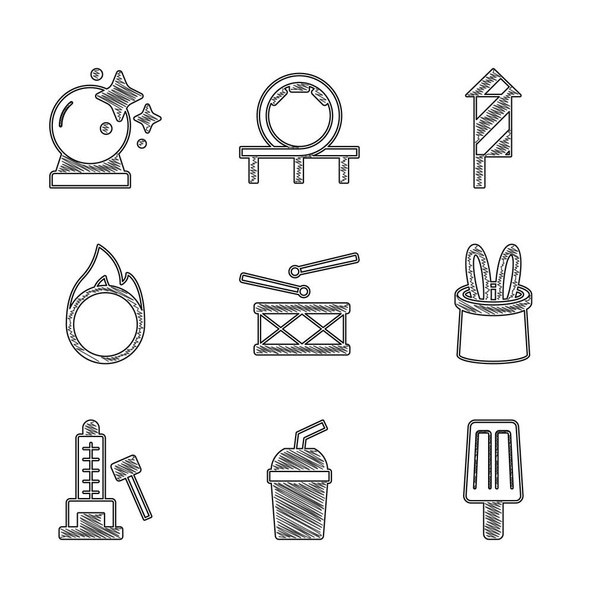Set Drum with drum sticks, Paper glass water, Ice cream, Magician hat and rabbit ears, Striker attraction hammer, Circus fire hoop, Firework rocket and ball icon. Vector - Vetor, Imagem