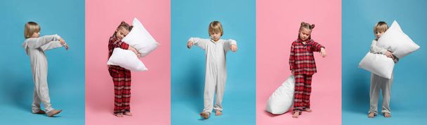 Collage with photos of children sleepwalking on different color backgrounds - Фото, зображення