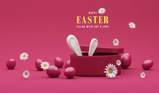 3D display podium, creative easter egg on dark pink background, Daisy flowers with white Rabbit. Happy Easter Holiday background. Viva magenta is a trend colour year in Easter.3d render - 写真・画像
