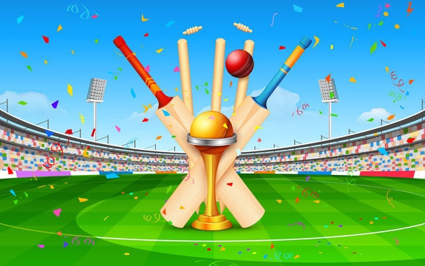 Estadio de cricket con bate, pelota y trofeo
 - Vector, imagen