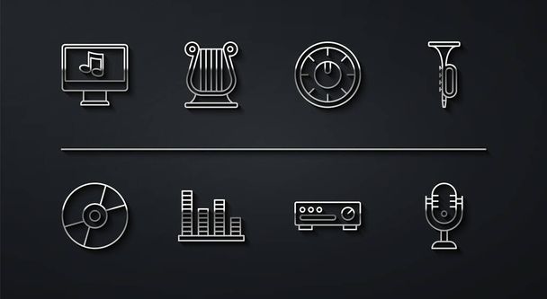 Set line Computer with music note Vinyl disk Trumpet Sound mixer controller Music equalizer Ancient Greek lyre Microphone and icon. Vector. - Vector, Image