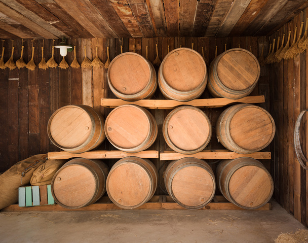 close up wine barrels stacked  - Photo, Image