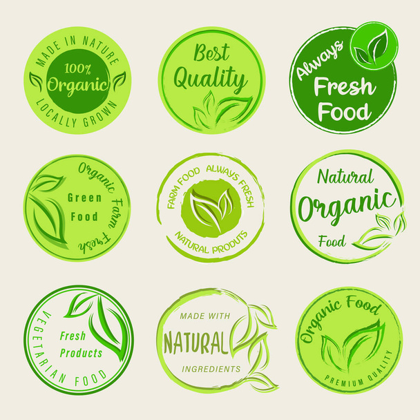 有機食品、自然食品、健康食品、有機または天然製品のロゴ、アイコン、バッジ、ステッカー. - ベクター画像