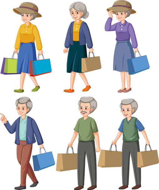 Elderly People Carrying Shopping Set illustration - Вектор,изображение
