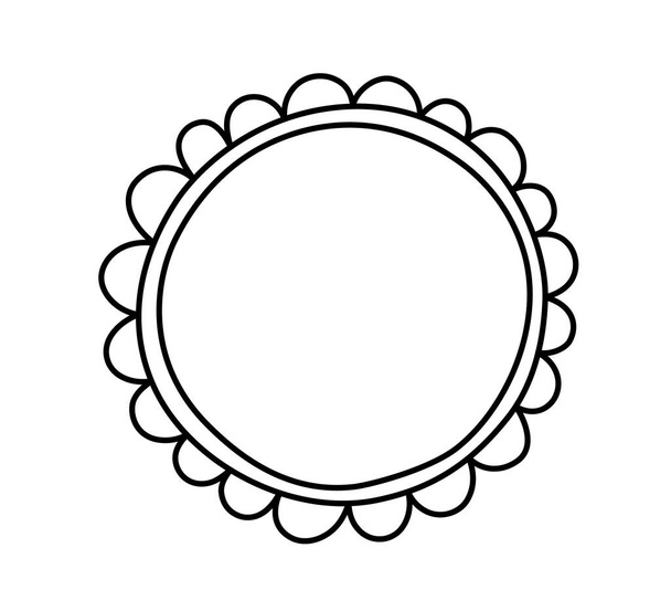 Doodle circle scalloped frame. Hand drawn scalloped edge ellipse shape. Simple round label form. Flower silhouette lace frame. Vector illustration isolated on white background. - Vetor, Imagem