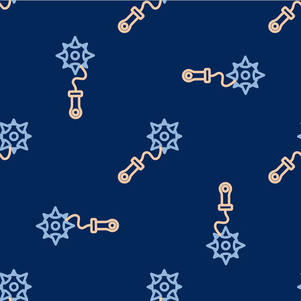 Line Medieval chained mace ball icon isolated seamless pattern on blue background. Morgenstern medieval weapon or mace with spikes.  Vector - ベクター画像
