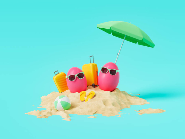 Parlak pembe Paskalya yumurtalarının güneş gözlüklü ve terlik şemsiyeli sarı valizli ve kumlu sahilde mavi arka planda şişme toplu yaratıcı 3D görüntüsü. - Fotoğraf, Görsel