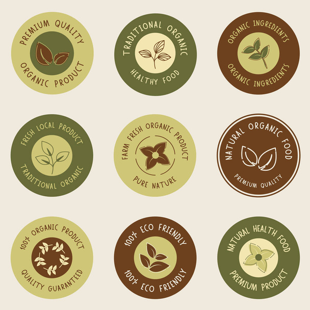 Collection of organic food, gluten free, eco and natural products stickers, logo, badge, label and stamp for food market, e-commerce, restaurant and healthy life food and drink promotion. - ベクター画像