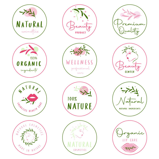 Set of natural cosmetics, organic, flower, healthcare, beauty, Wellbeing labels and stickers. Vector illustration for promotional material, web design, packaging design and more. - ベクター画像