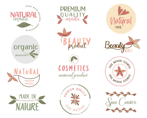 Set of natural cosmetics, organic, flower, healthcare, beauty, Wellbeing labels and stickers. Vector illustration for promotional material, web design, packaging design and more. - ベクター画像