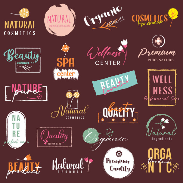 Vector illustrations for organic, natural and beauty products, cosmetics and wellness logo, sign, badge and icon. - ベクター画像