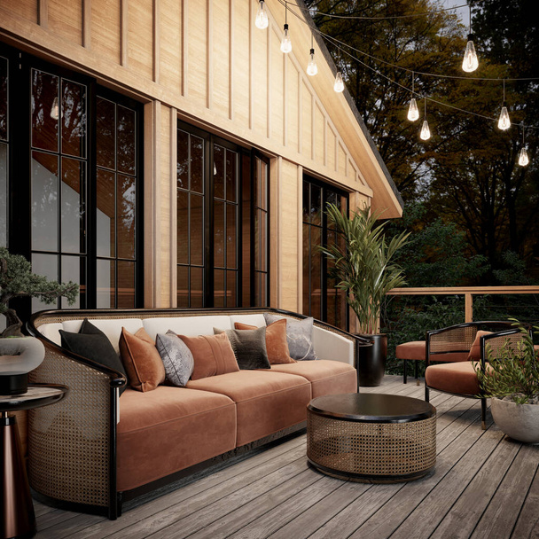 Terrazza balcone in una casa in legno con mobili imbottiti e bellissimi dintorni verdi. rendering 3d. - Foto, immagini