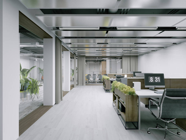 Moderní kancelářské prostory s pracovními stoly s rostlinami. 3D vykreslování. - Fotografie, Obrázek