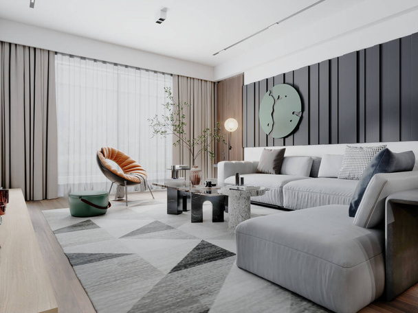 Sala de estar moderna em cores claras com painéis nas paredes com um sofá de canto branco e uma poltrona de designer laranja. Renderização 3d. - Foto, Imagem